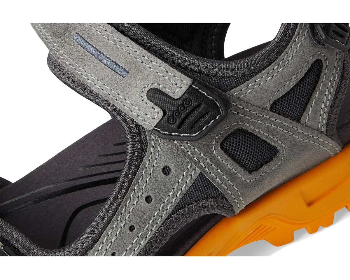 ECCO sandal close-up: gray upper with hook-and-loop strap and ventilation eyelets