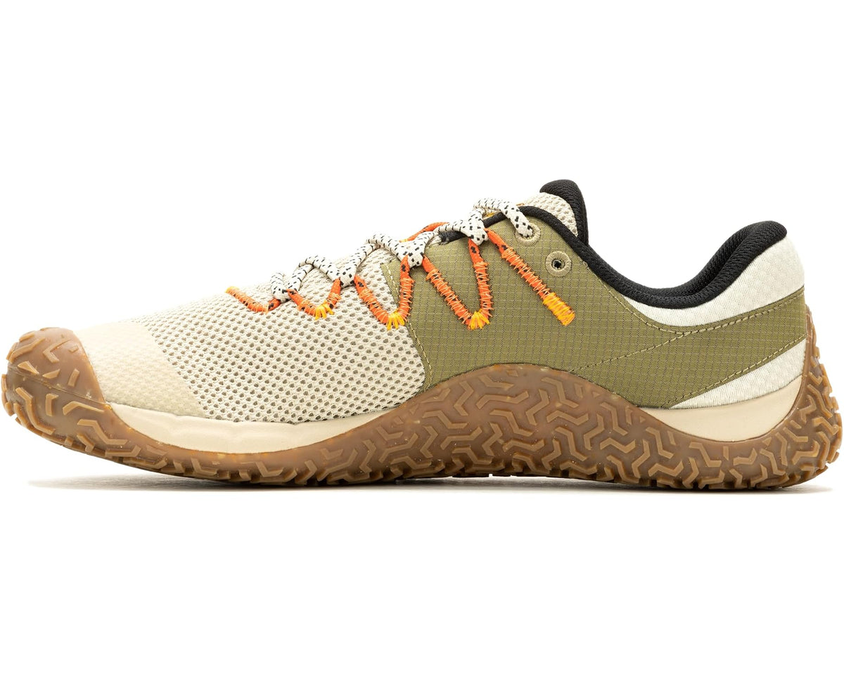 Men's Merrell trail shoe with orange lace accents and textured mesh upper