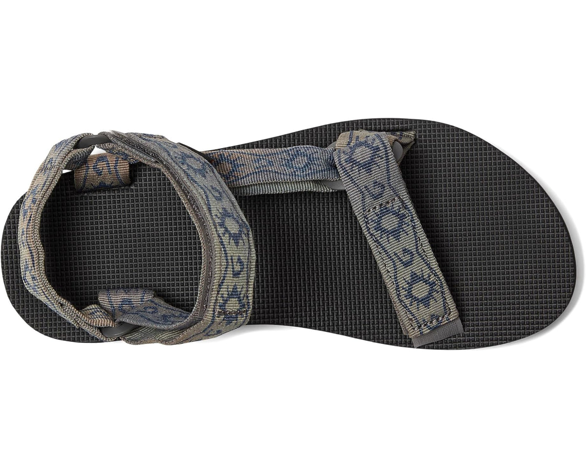 Men's Teva sport sandals, side view, blue patterned webbing straps over black sole.