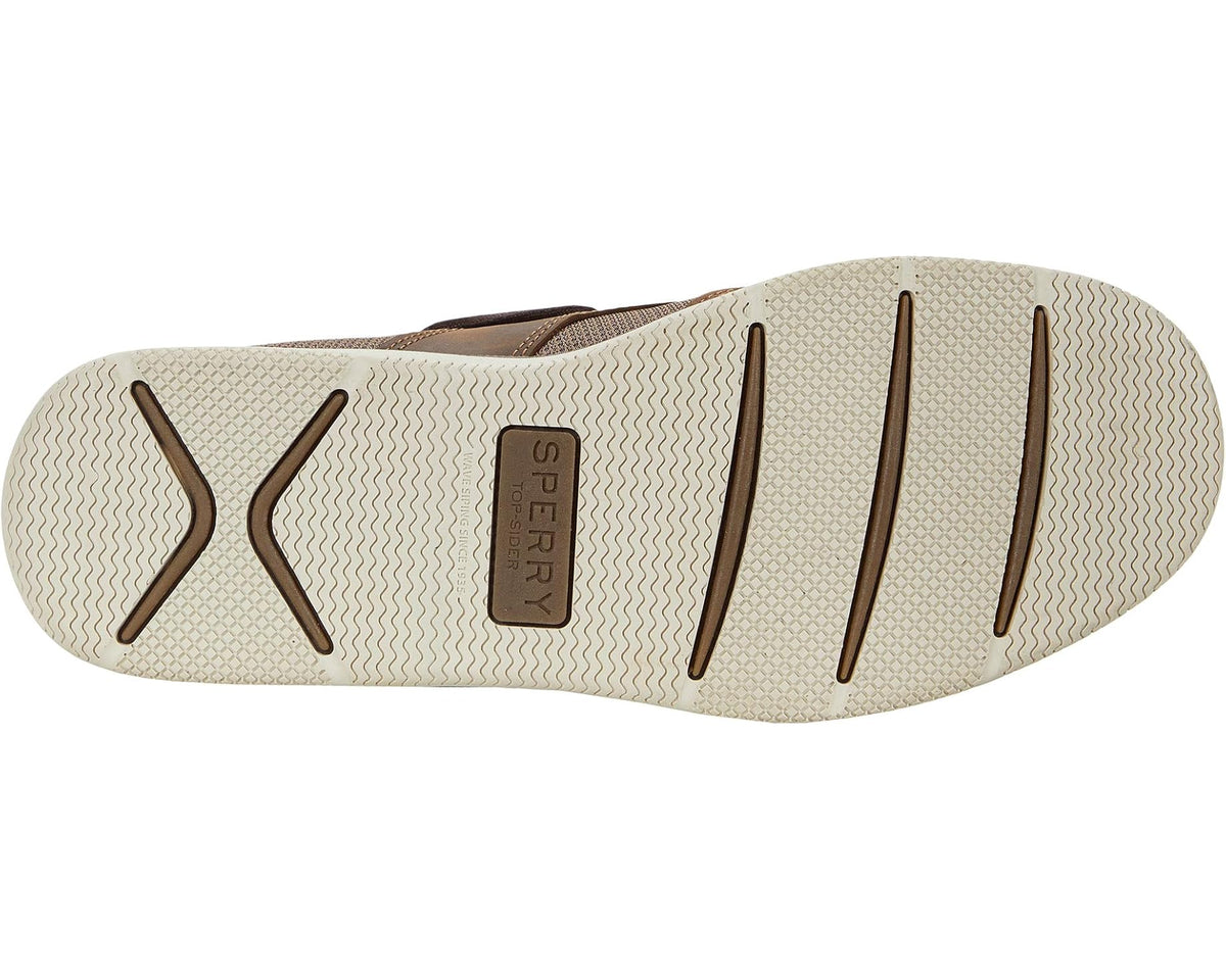 Men's dark brown boat shoe outsole with textured tread and Sperry logo