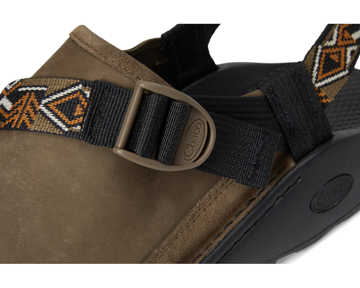 Hickory leather clog close-up with adjustable black strap and Chaco logo badge