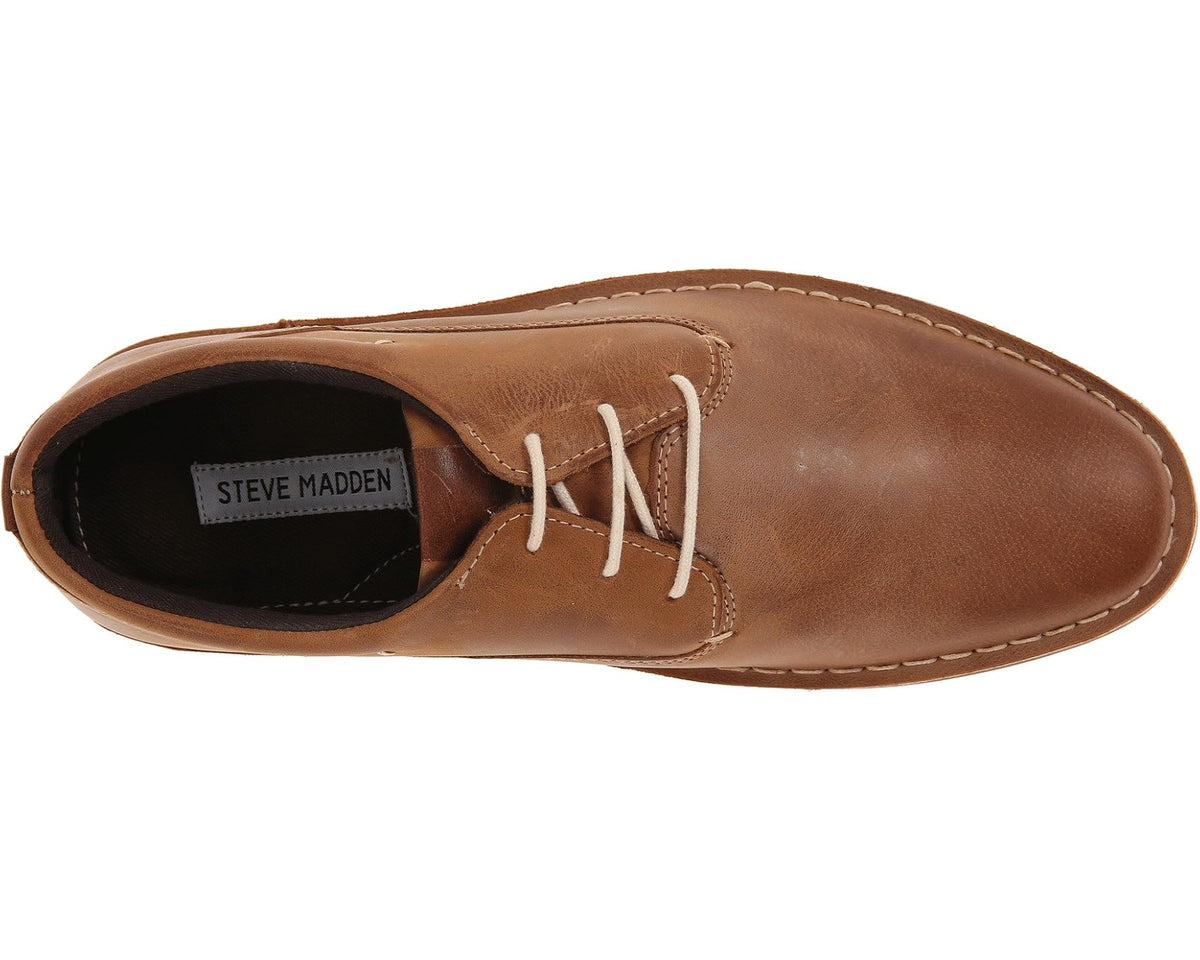 Tan leather lace-up oxford shoe, side view with white laces and padded collar