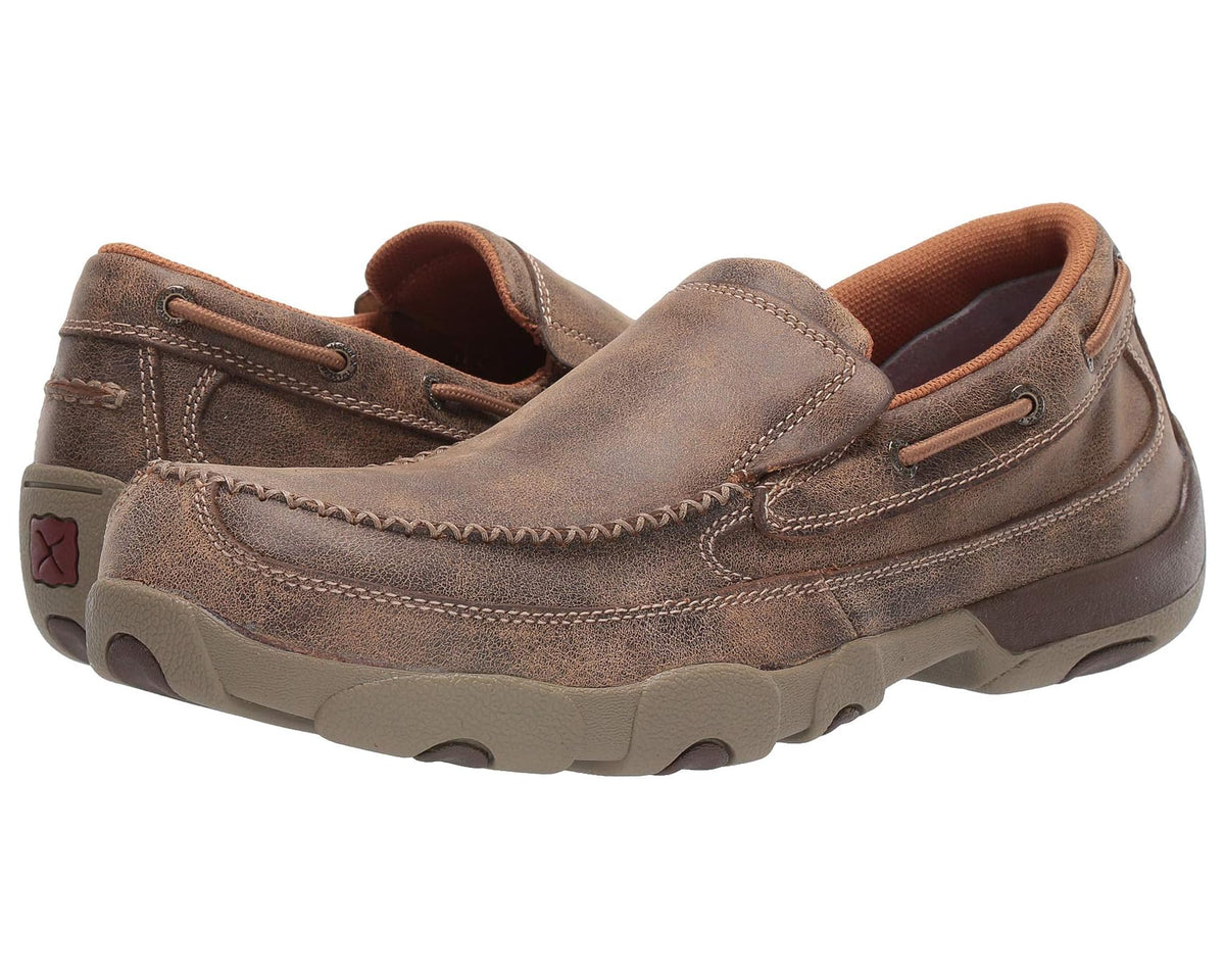 Men's brown suede moc-toe work shoe with lace-up detail and padded collar