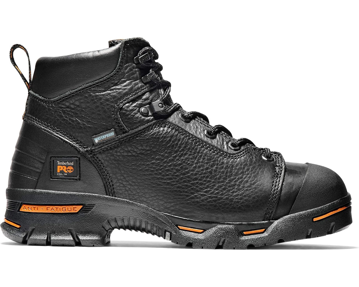 Black waterproof lace-up work boot with steel toe, orange accents, and thick tread