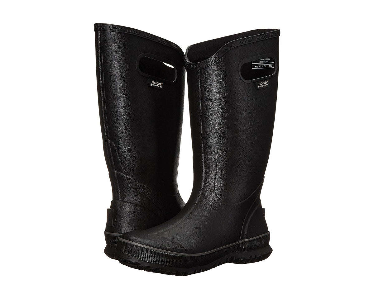 Men's Bogs black rain boots with pull-on handles and side logo panel