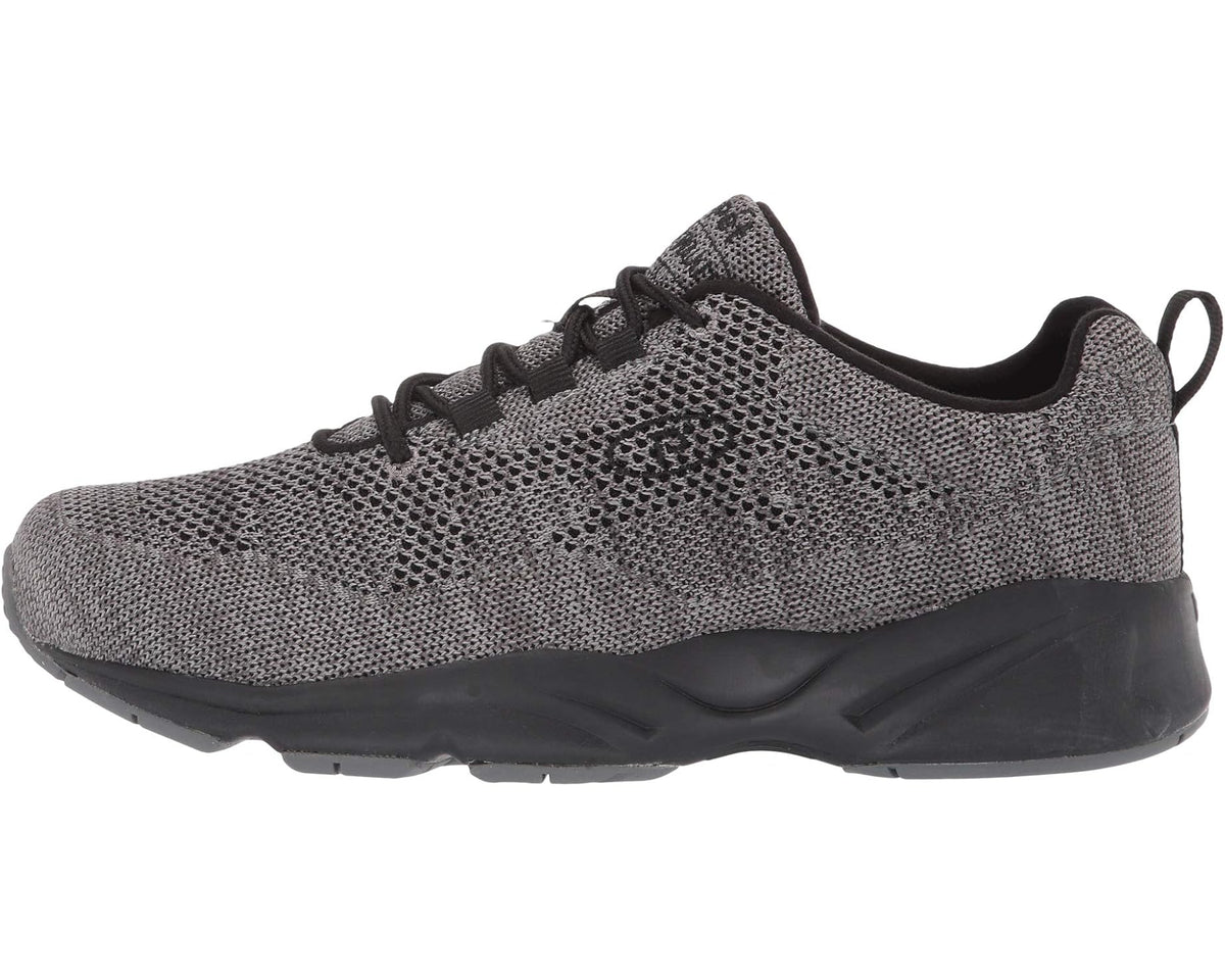 Men's Propet Stability Fly lace-up sneaker, grey speckled knit upper and black midsole