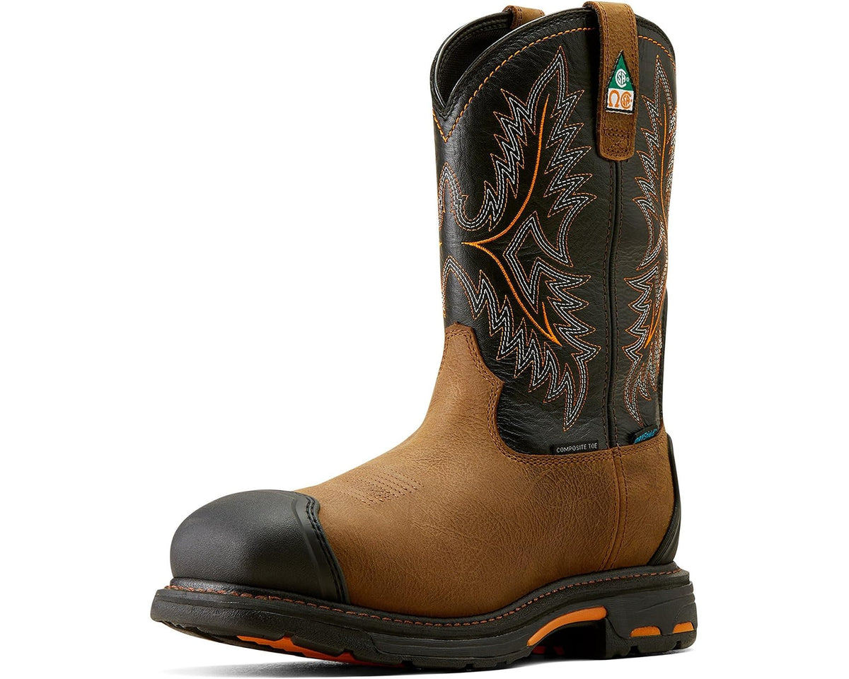 Rye brown and black men’s pull-on work boots with western embroidery and orange accents