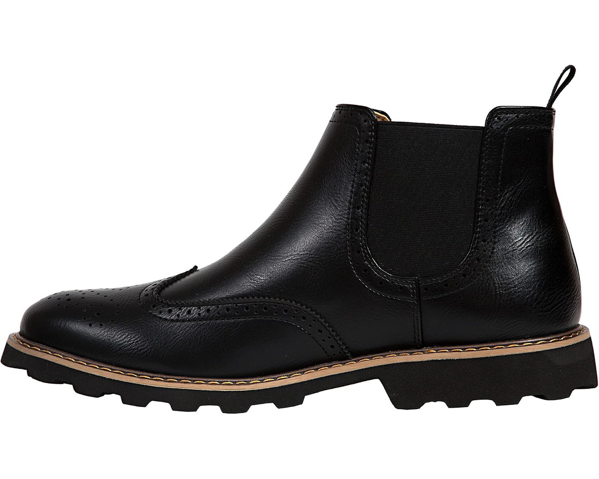 Men's black leather chelsea boot front three-quarter view with brogue stitching and tan welt