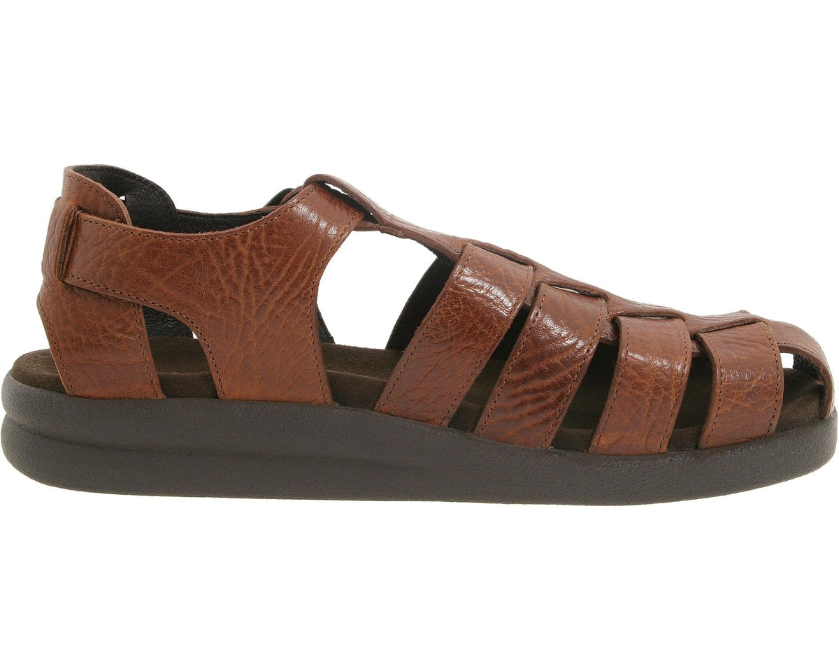 Tan leather sandal front side view with multiple wide straps and black lining