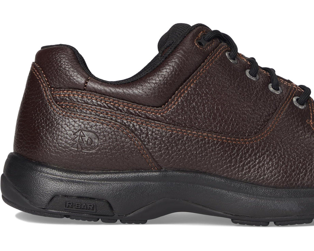 Men's waterproof brown leather shoe side with stitched seams and treaded outsole