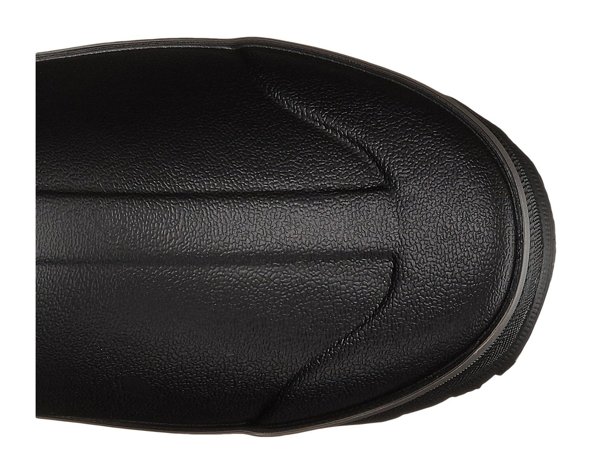 Black rain boot upper with textured surface finish and seam detail