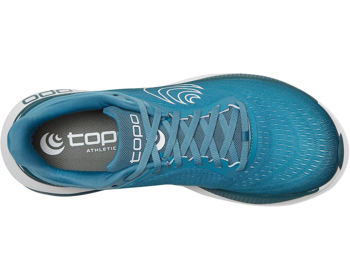Blue running shoe with lace-up closure, mesh upper, and cushioned heel