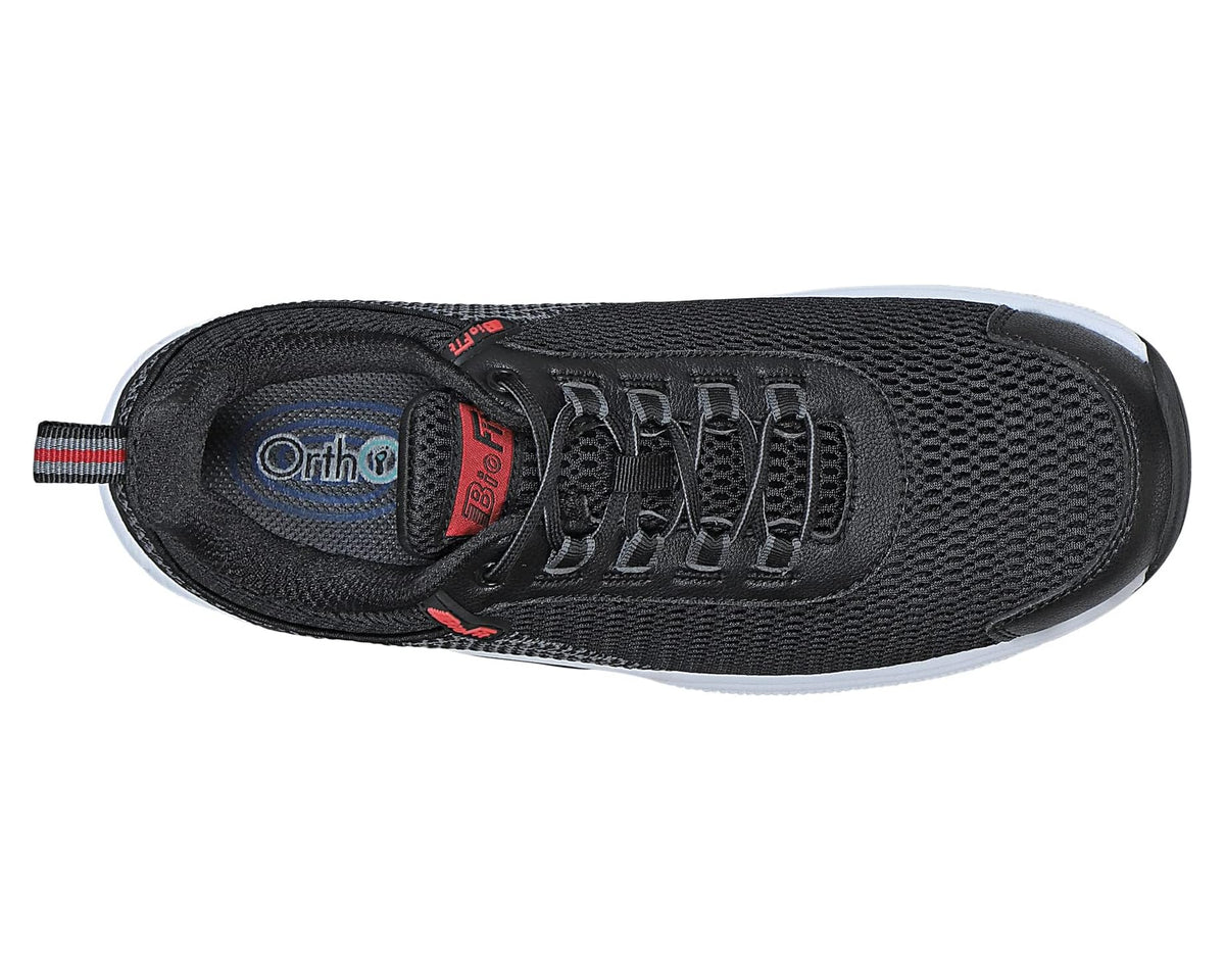 Black lace-up sneaker side view, padded tongue and Orthofeet logo detail