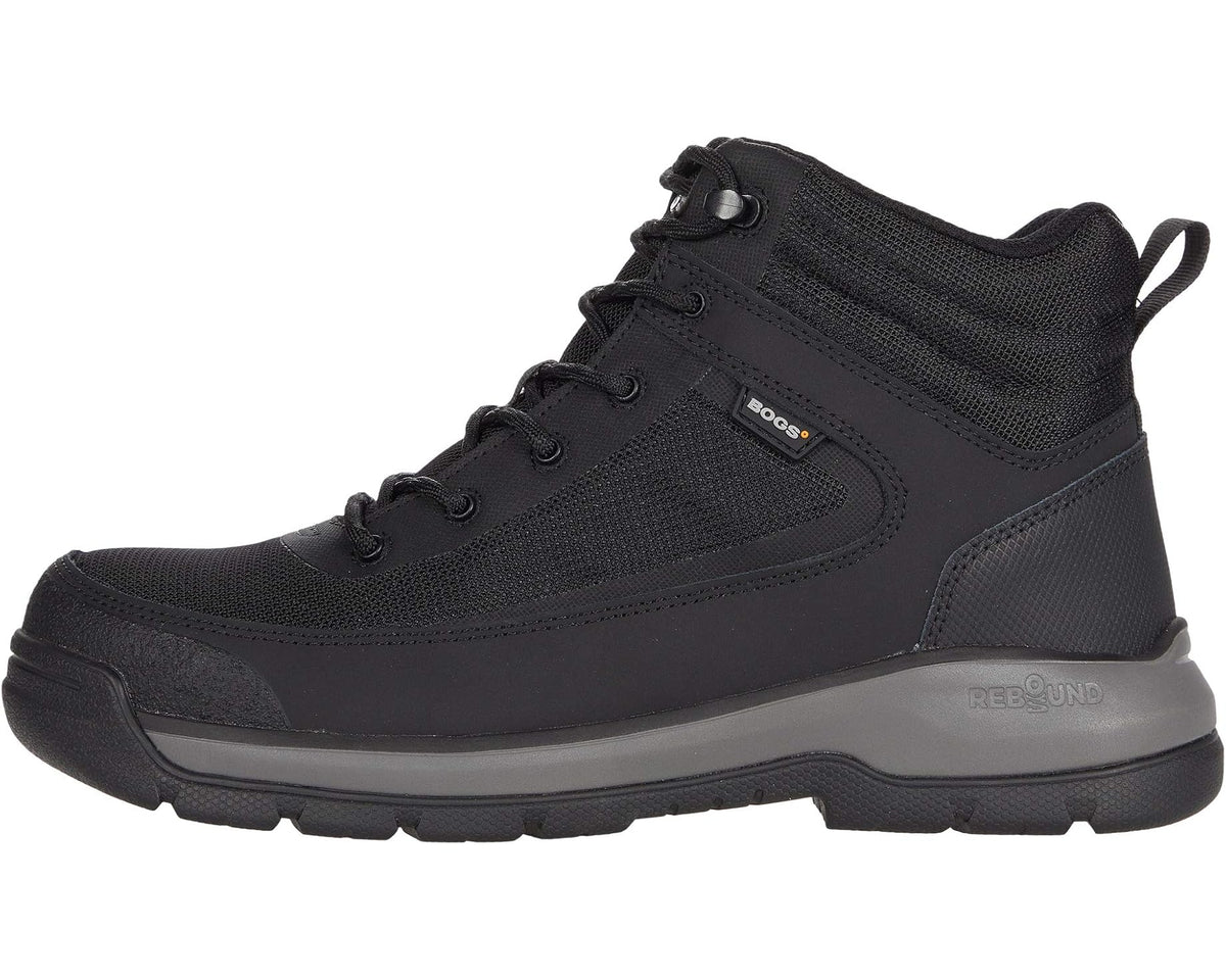 Black mid-cut lace-up work boot with textured panels and side logo