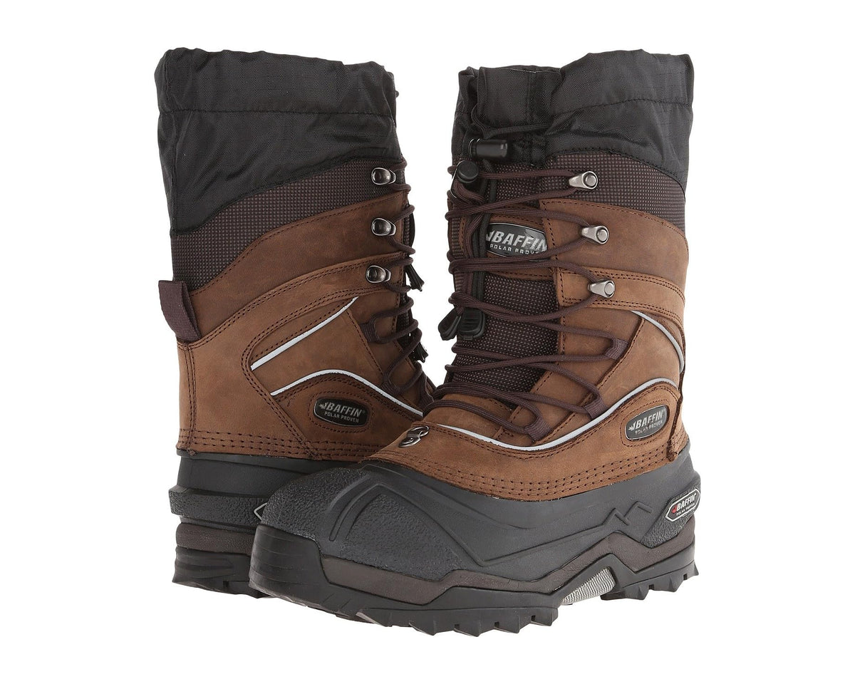 Men's snow boots in worn brown with black padded shaft and lace-up closure