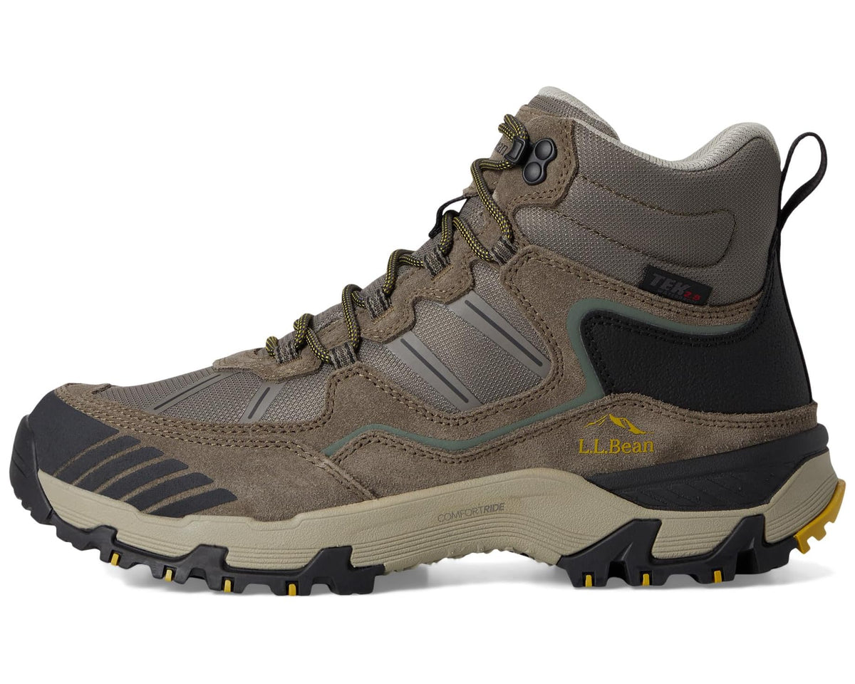 Men's waterproof mid hiker boot, gray-brown with black heel collar and green laces
