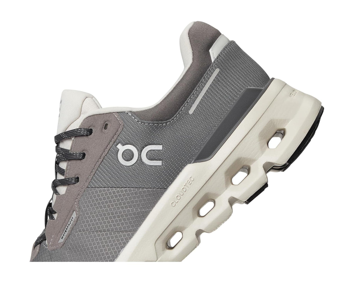 On Cloudrunner 2 waterproof shoes, side logo and gray mesh with white cushioning pods