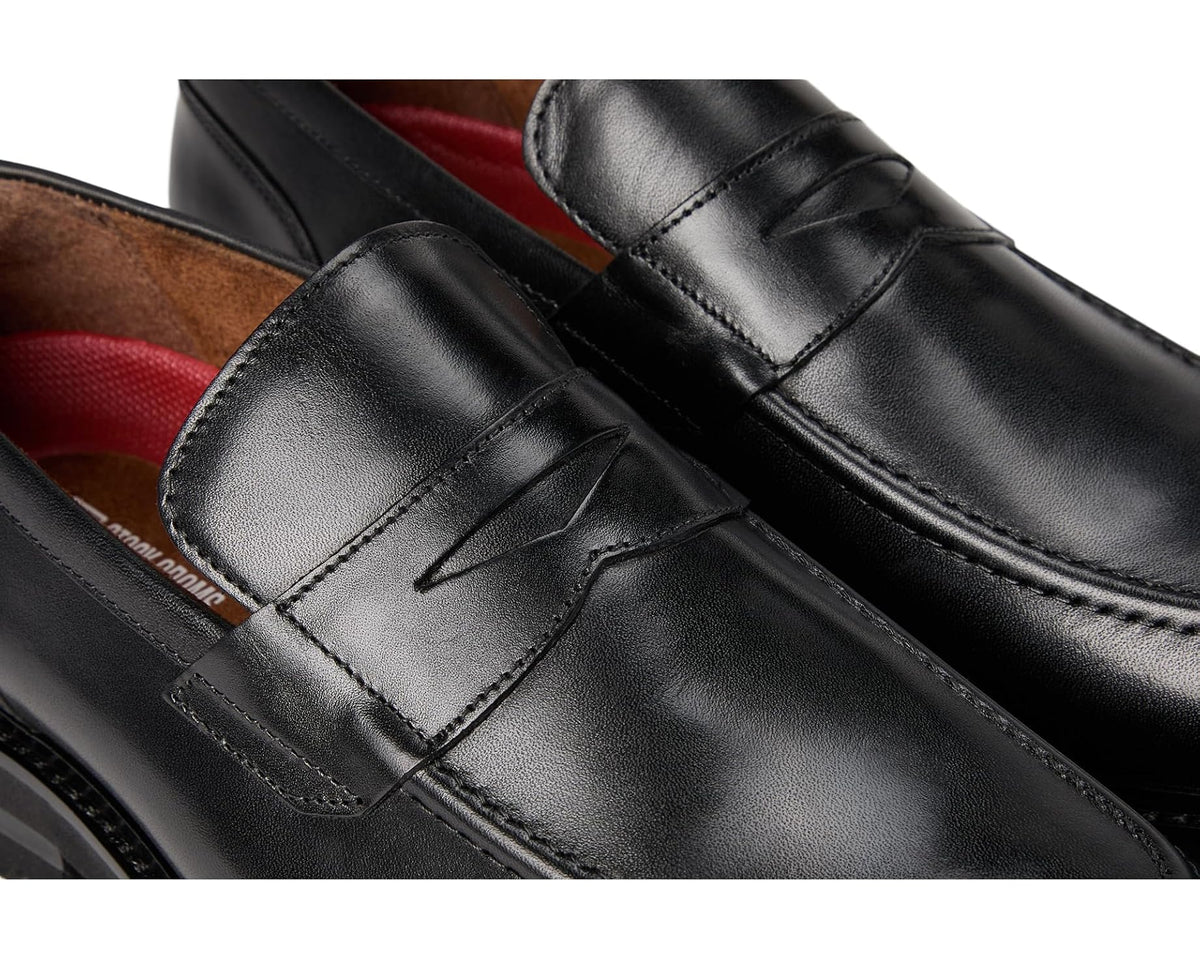 Black leather penny slip-on loafer detail: stitched panels and penny strap