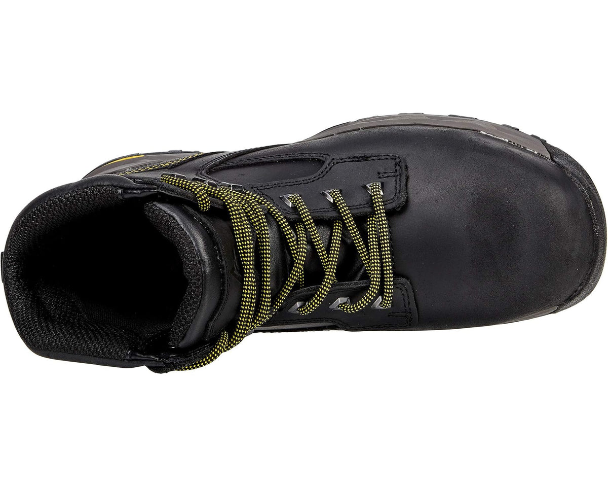 Black lace-up work boot with neon green laces and padded collar