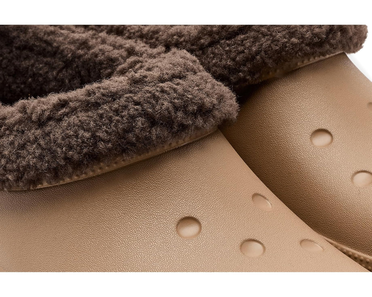 Close-up of Sepia Crocs lined shorty with brown faux-fur trim over perforated upper