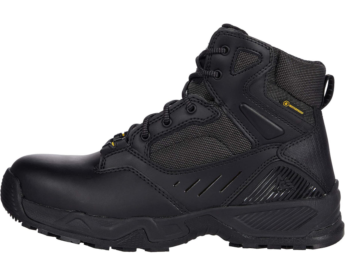 Black 6-inch lace-up work boots with side panel details and lace eyelets