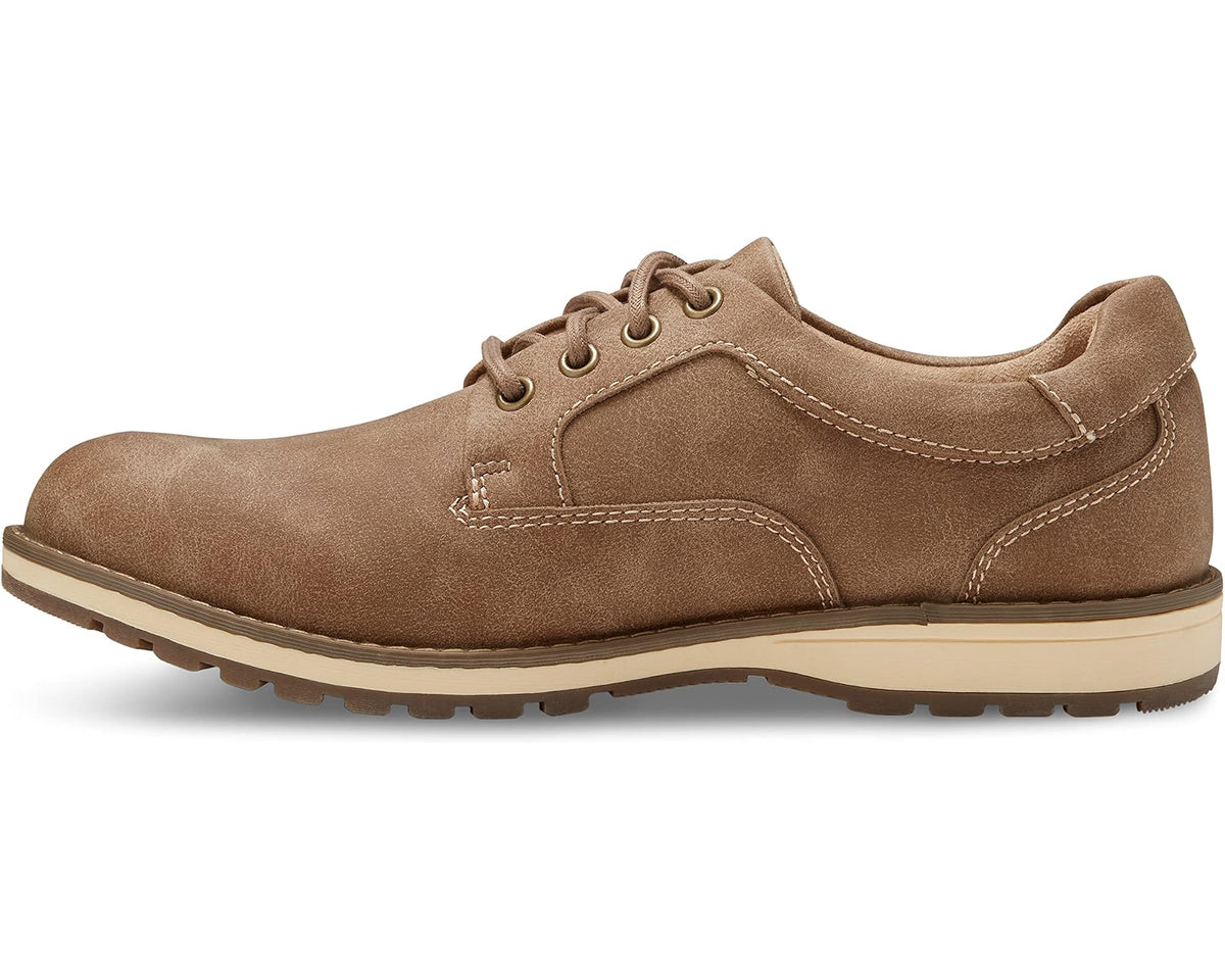 Men's tan lace-up casual shoes with side panel stitching and low-profile sole