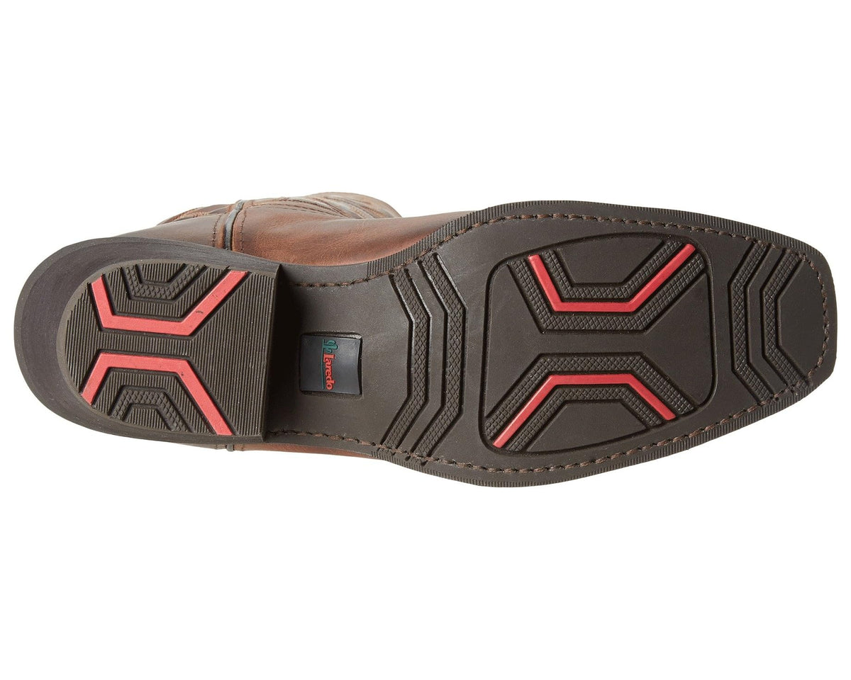 Rust-brown boot sole with rugged tread and red geometric accents
