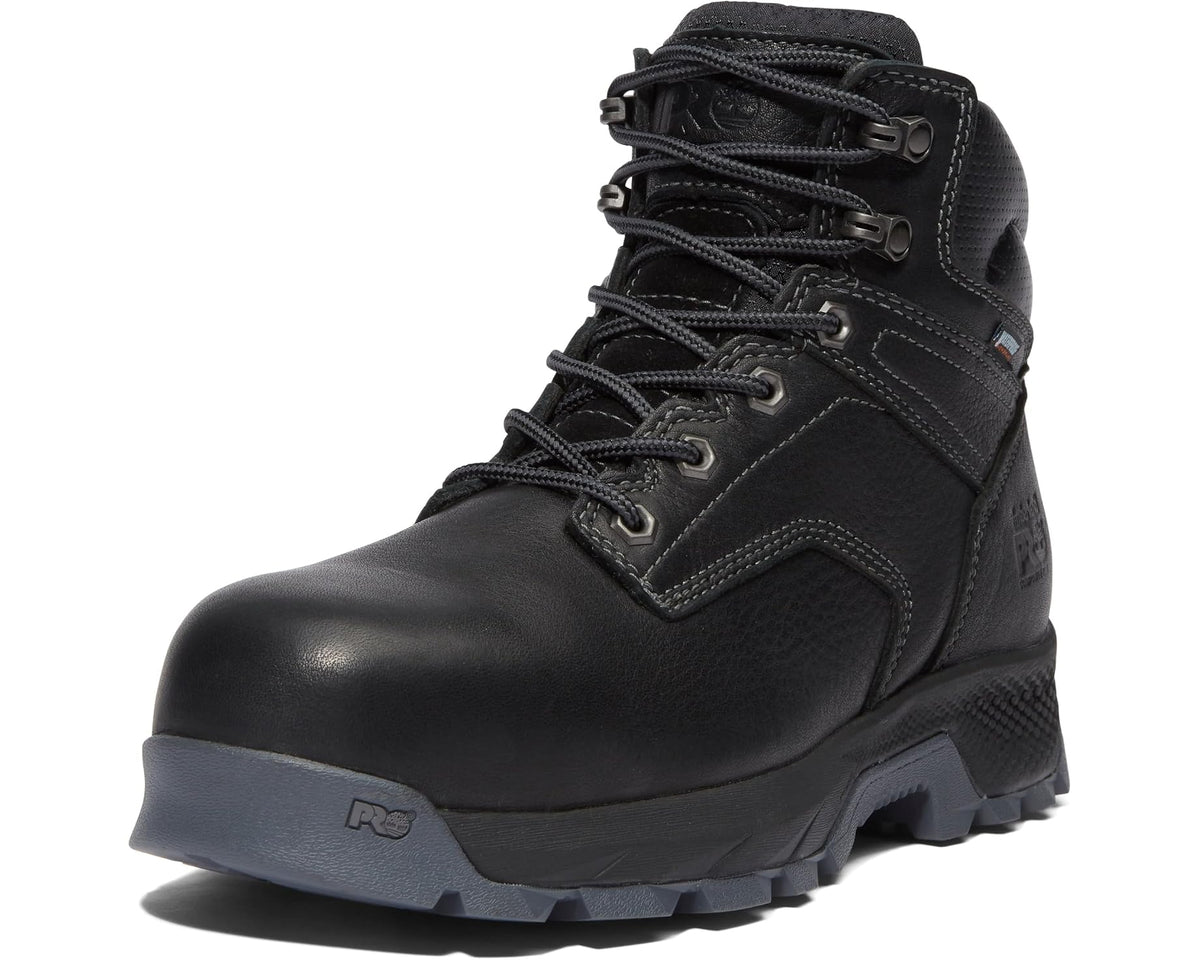 Men's black work boot side profile with lace-up straps and protective toe cap