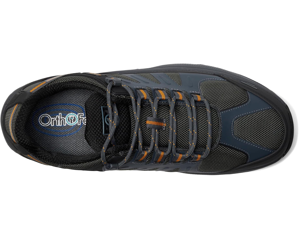 Gray and black lace-up athletic shoe with Orthofeet logo on insole and orange lace details