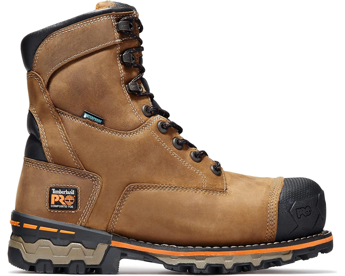 Men's Timberland PRO 8in work boot, brown leather lace-up with side logo patch