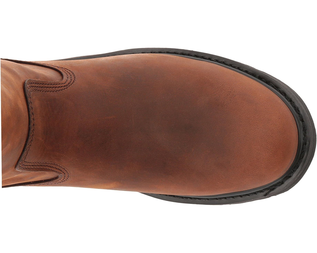 Brown pull-up leather boot toe and side panel with stitched detailing