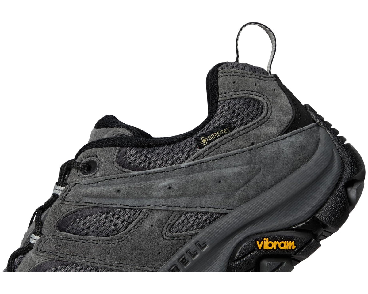 Men's Merrell Moab 3 GTX granite trail shoe, close-up of Gore-Tex label and laces