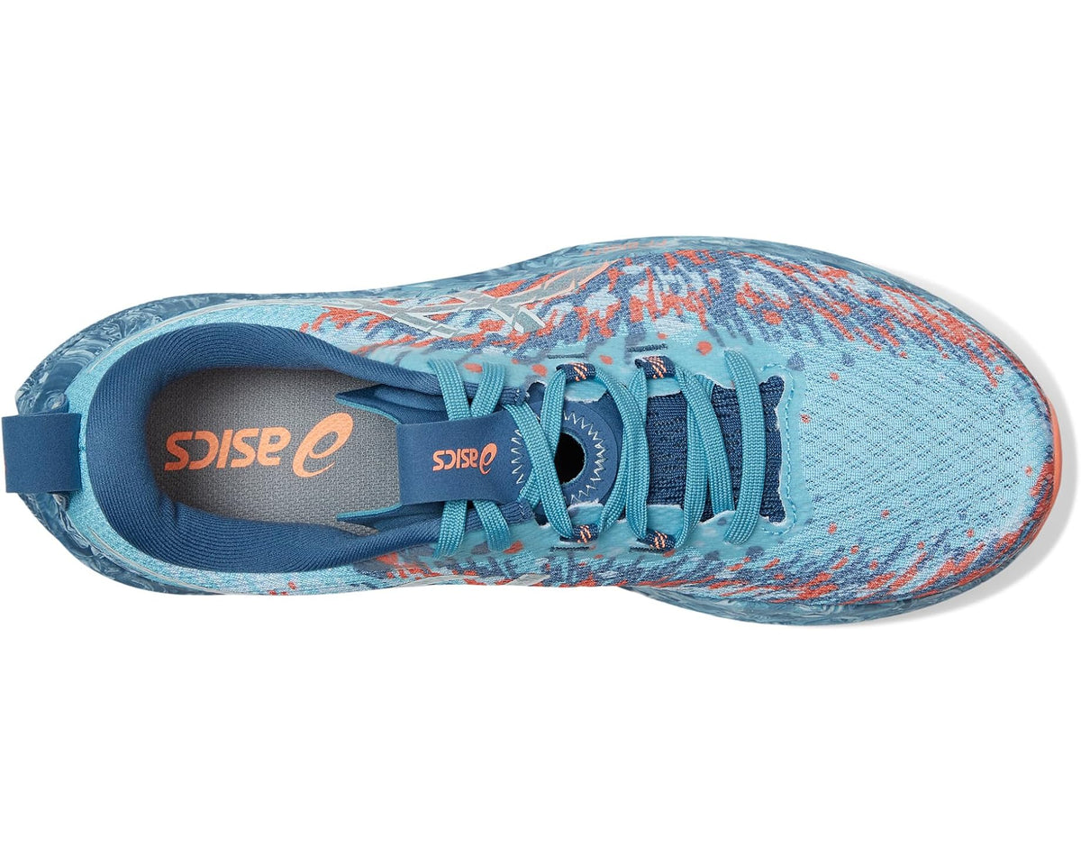 Men's ASICS running shoe top view with light blue knit and orange pattern accents
