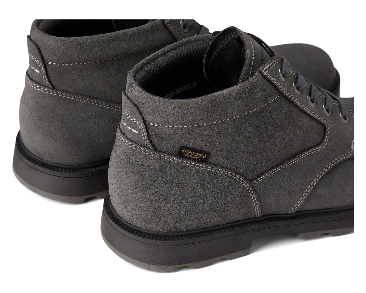 Men's Rockport Seamus grey suede boot pair, heel and side stitching visible