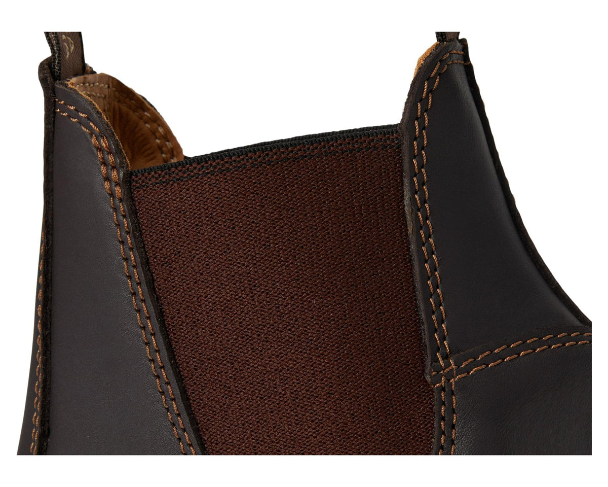 Close-up of elastic gore and stitched upper on dark walnut brown Blundstone boots