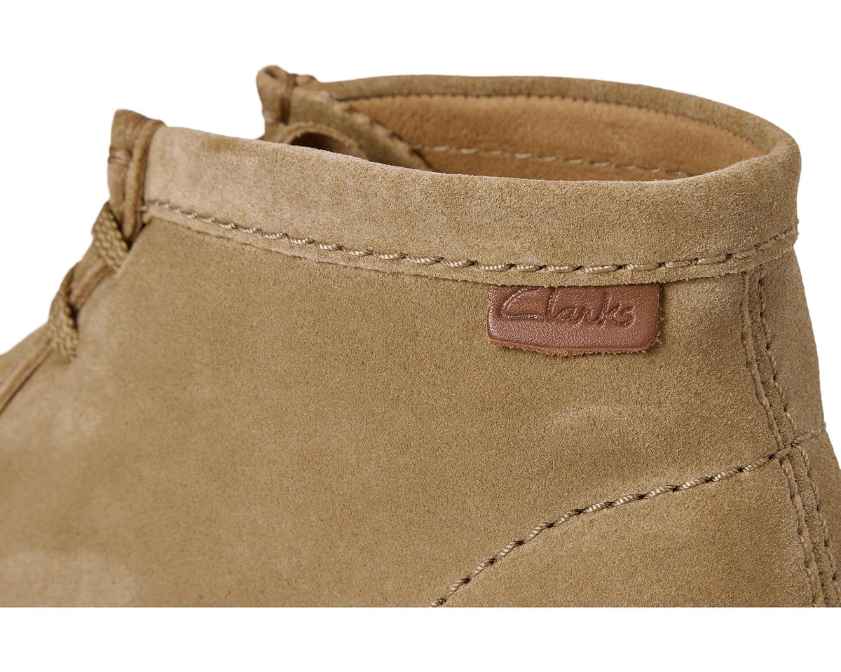 Suede boot heel with Clarks patch, dark sand, stitched detailing