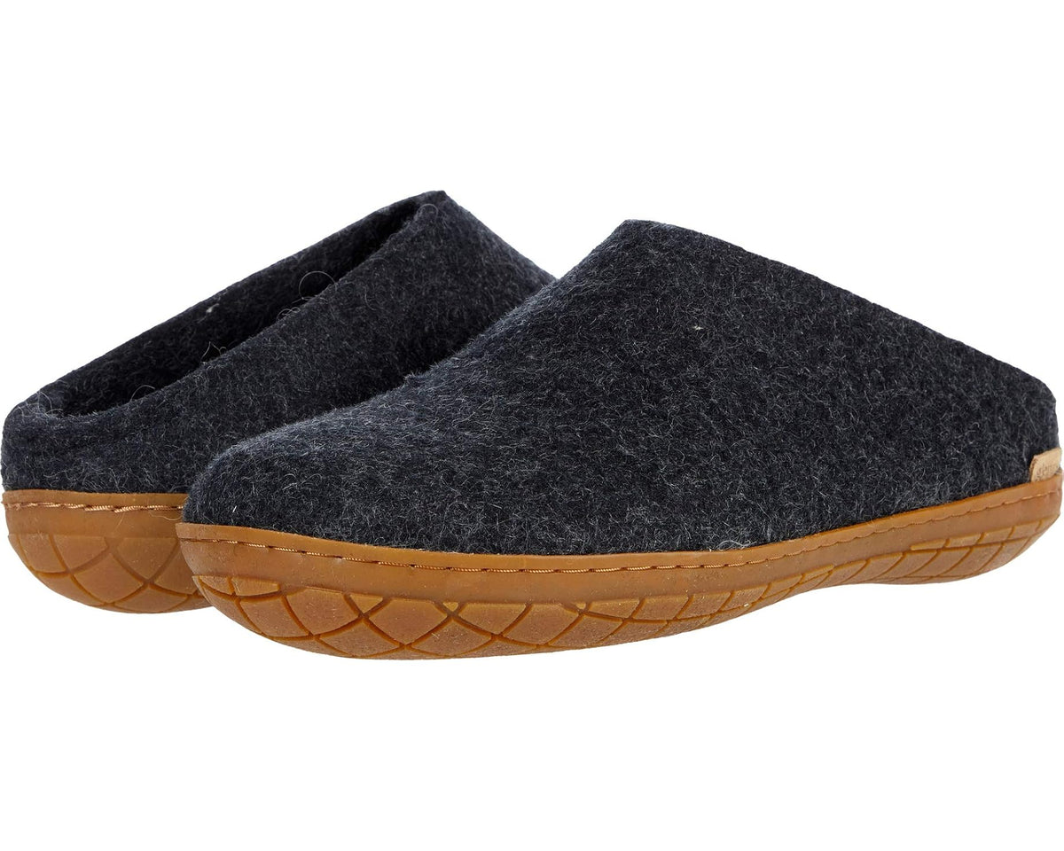 Charcoal wool slip-on clog with honey rubber outsole and stitched trim