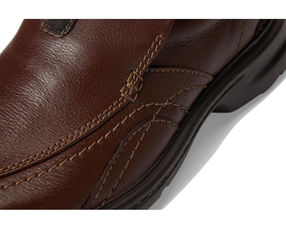 Close-up of mahogany leather loafer stitching along the side seam