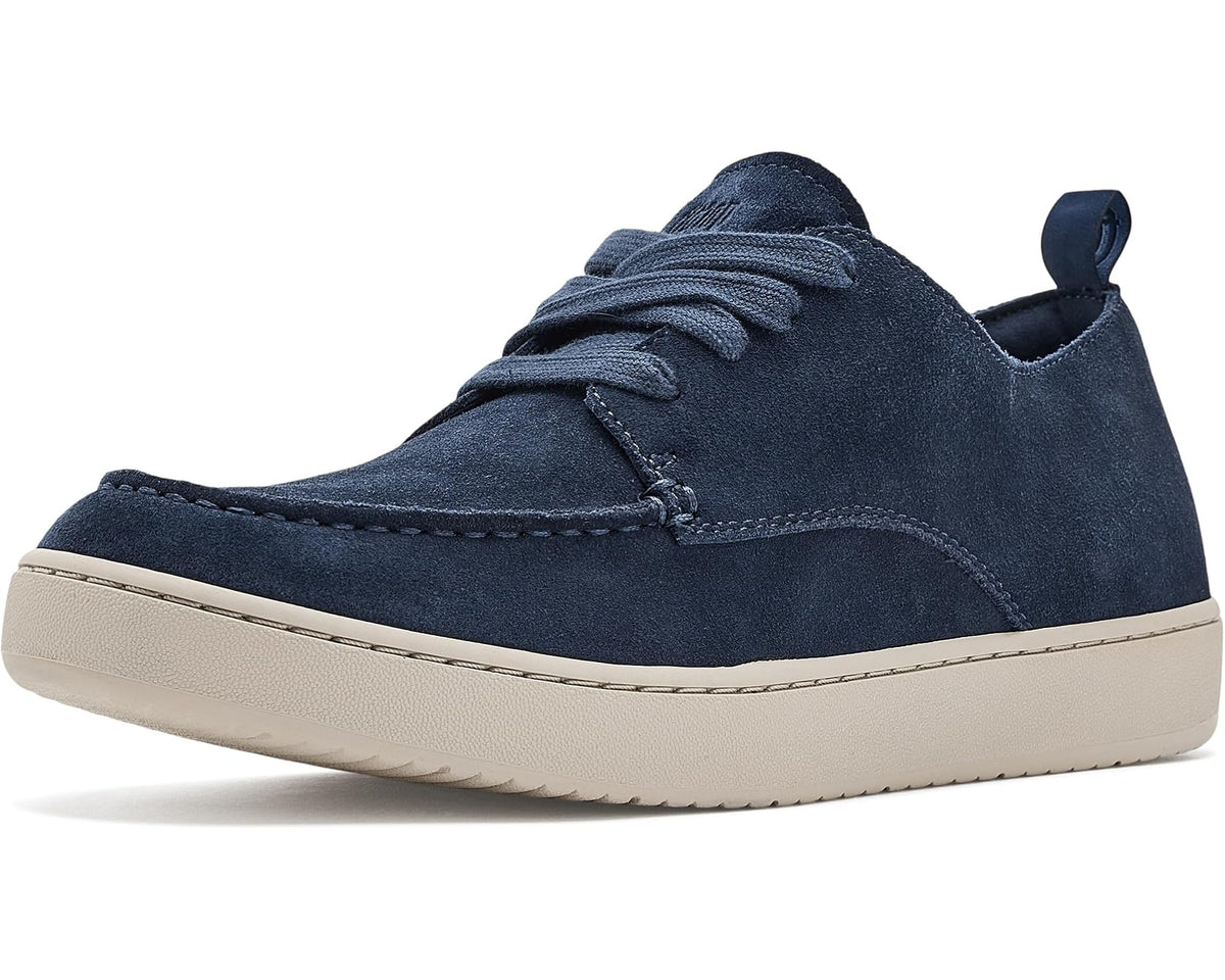 Suede moc derby shoes in midnight navy with lace-up front and moc toe stitching.