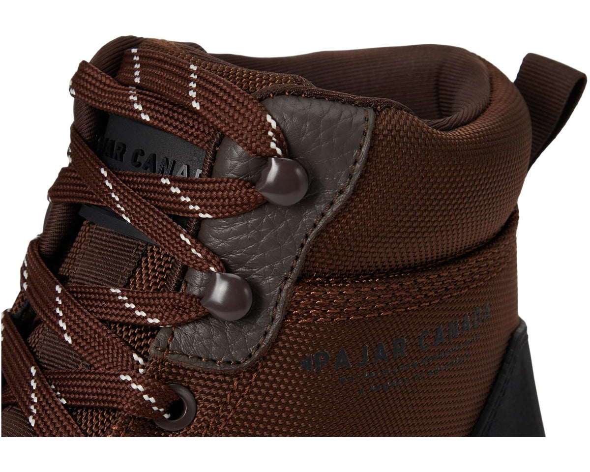 Pajar CANADA Traverse close-up: brown lace-up with gray leather patch and round eyelet toggles