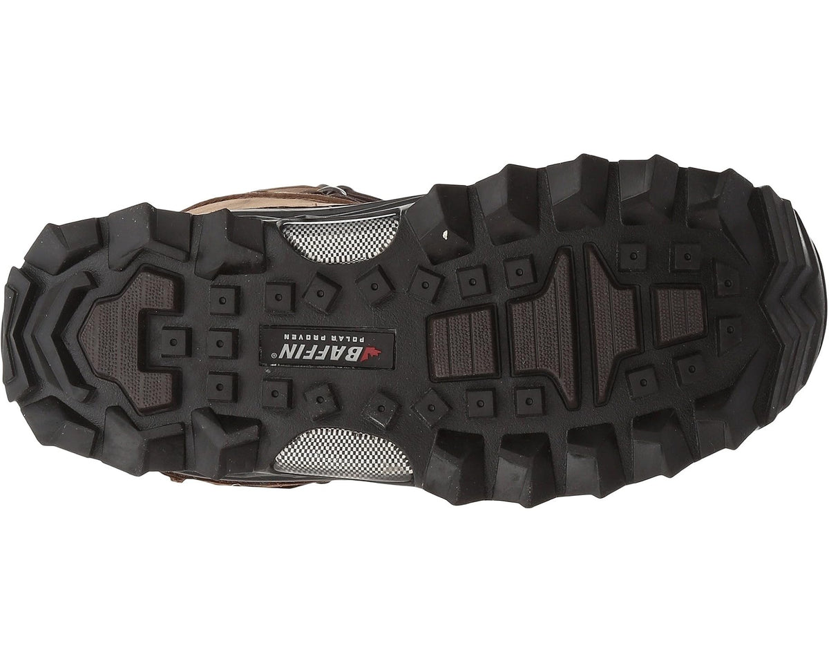 Men's snow boot outsole with deep traction tread and Baffin logo label