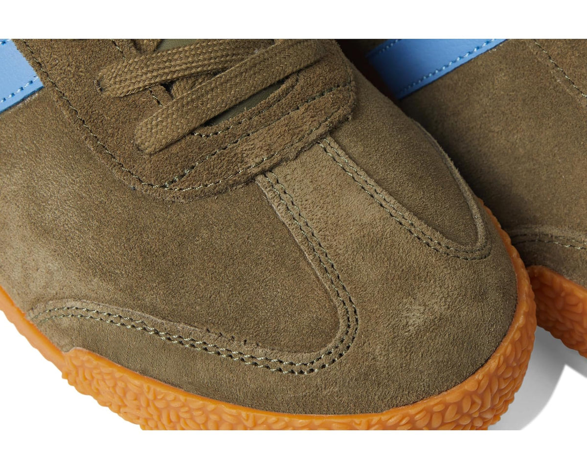 Close-up of Men's Gola Harrier khaki suede upper with stitched seams and light-blue stripe