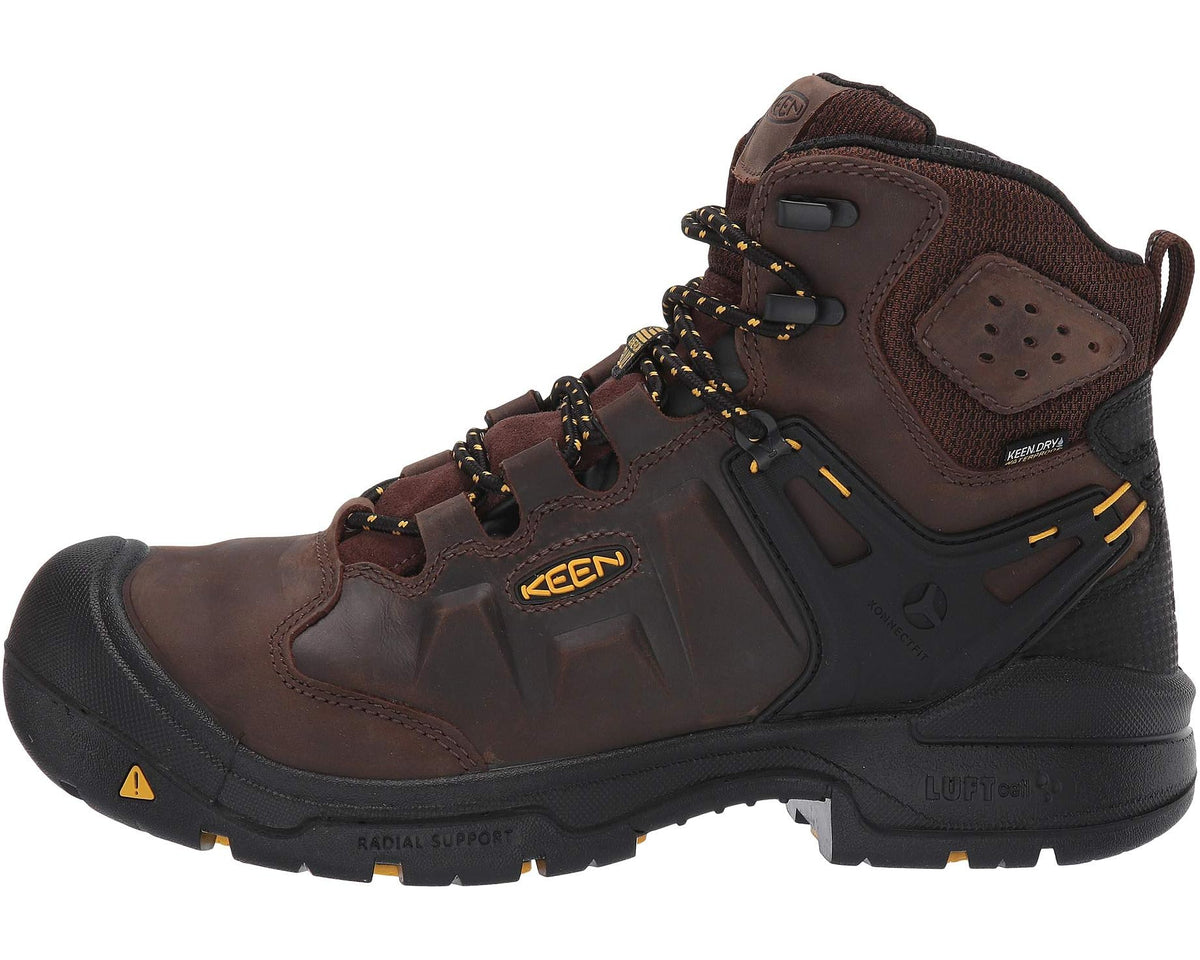 Men's waterproof work boot dark earth brown and black leather, lace-up with padded collar