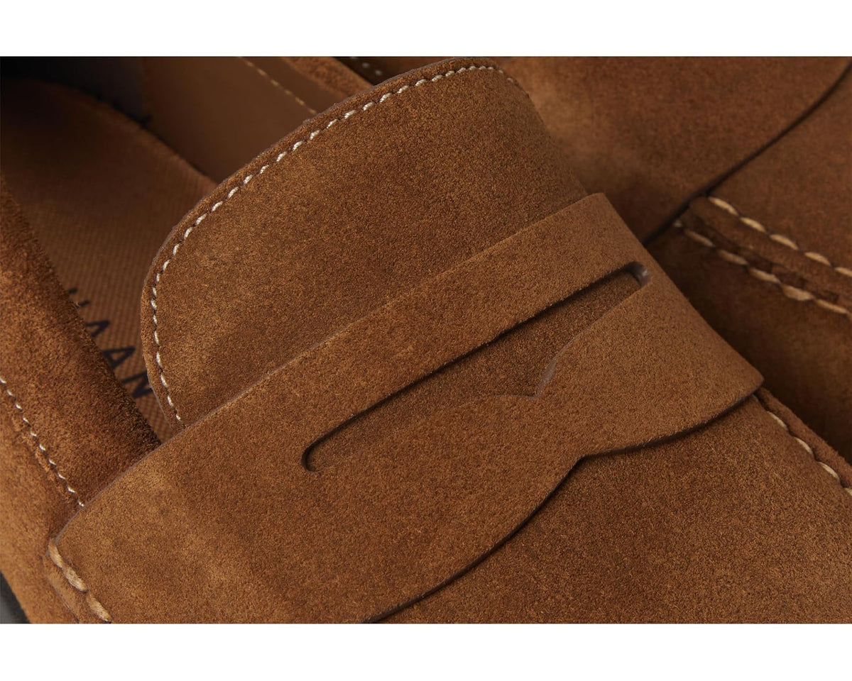 Close-up of brown suede penny loafer vamp with penny slot and stitched details