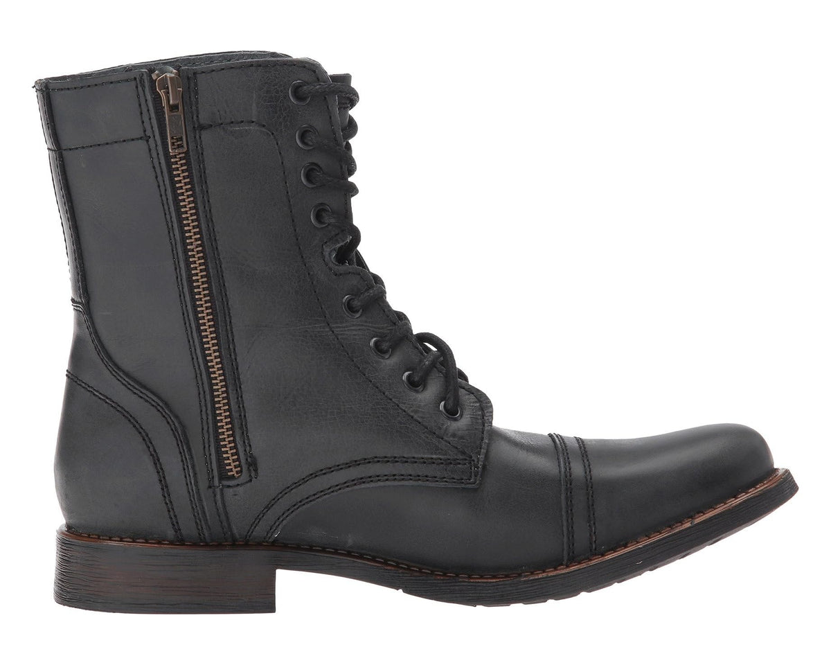Men's black lace-up boots with side zipper, stitched seams, and leather sole