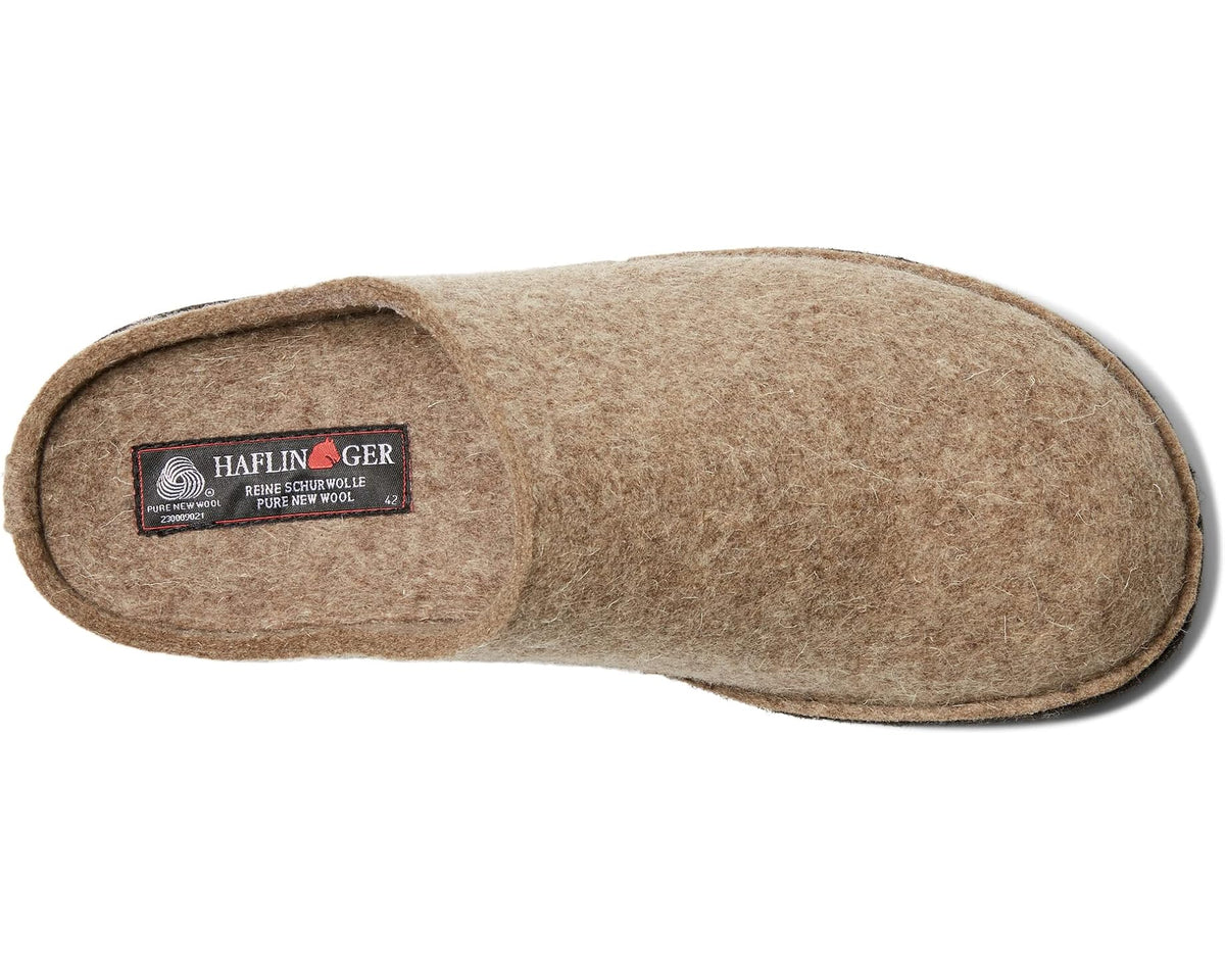 Tan felt clog slippers with Haflinger label and cushioned interior
