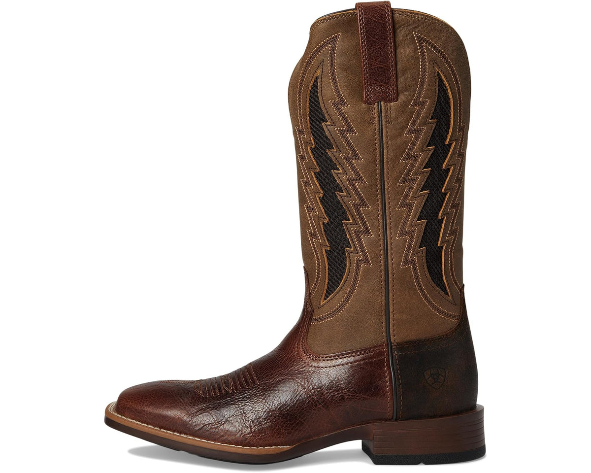 Men's brown cowboy boots with high shaft, pull strap, and zigzag embroidery