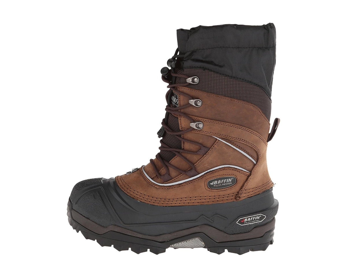 Men's lace-up snow boots in worn brown leather with black collar and gray accents