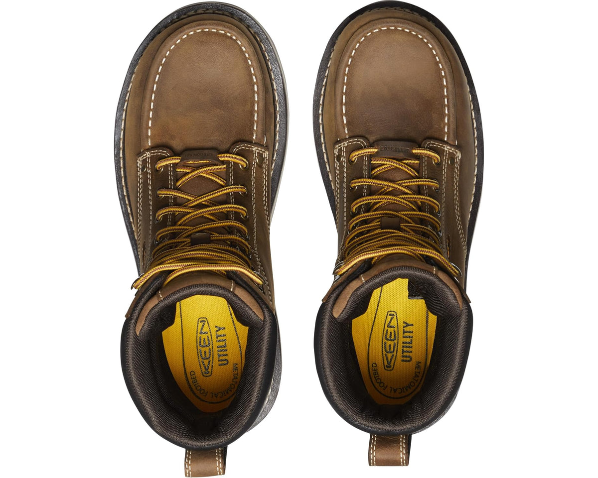 Men's waterproof comp-toe boots, brown uppers with black lining, yellow lace-up eyelets