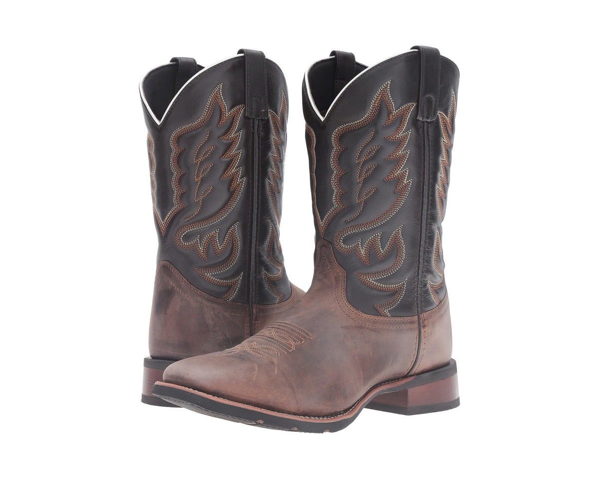 Men's cowboy boots in dark brown and black with decorative leaf stitching